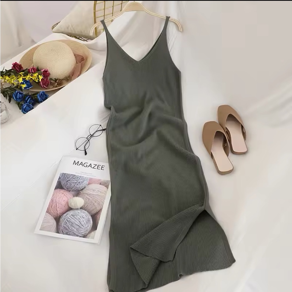 Knit dress ribbed olive green tank v-neck sexy basic NWT